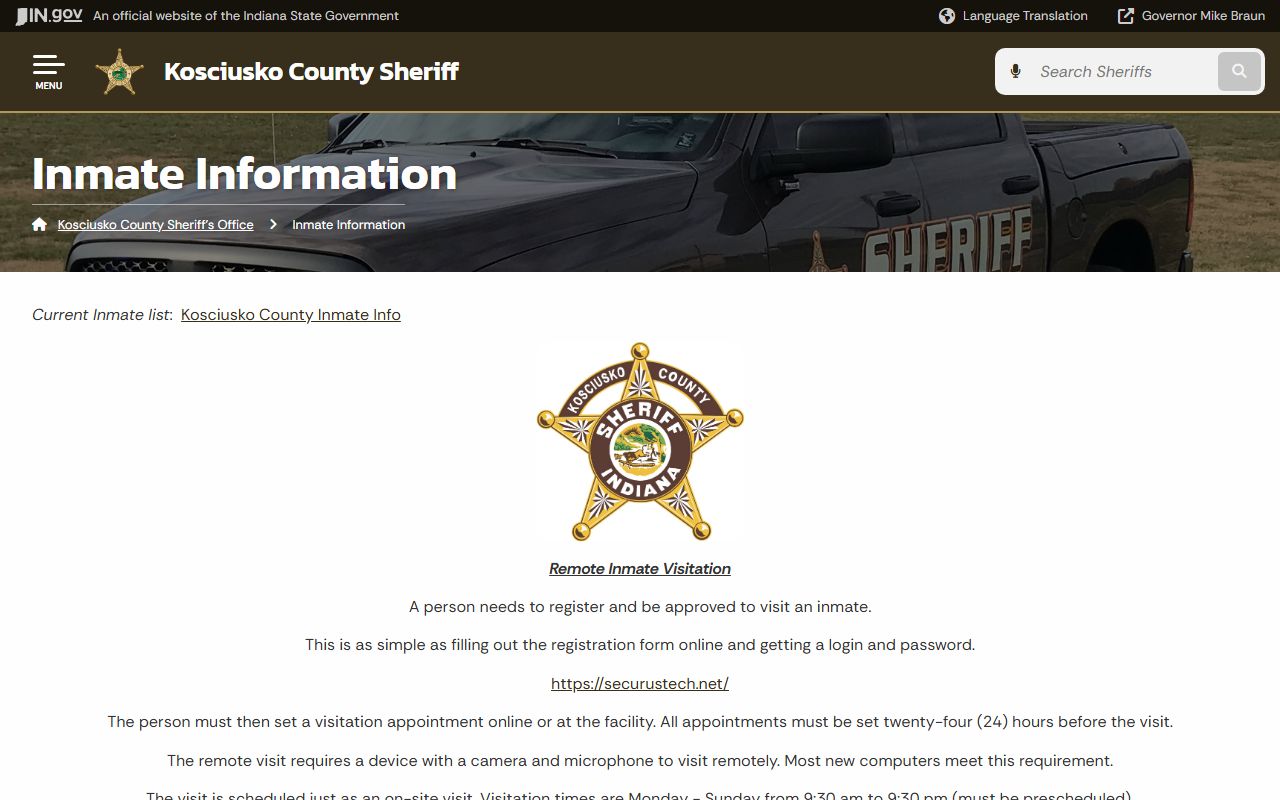 Kosciusko County inmate records Sheriff inmate information page