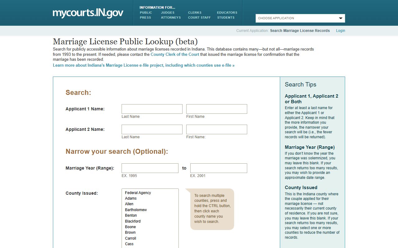 Kosciusko County marriage records Indiana marriage license public lookup