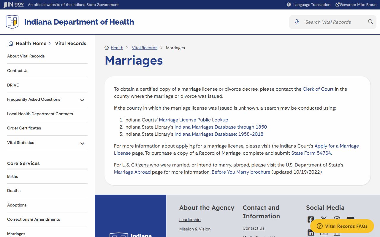 Kosciusko County marriage and divorce records Indiana Department of Health marriage records page