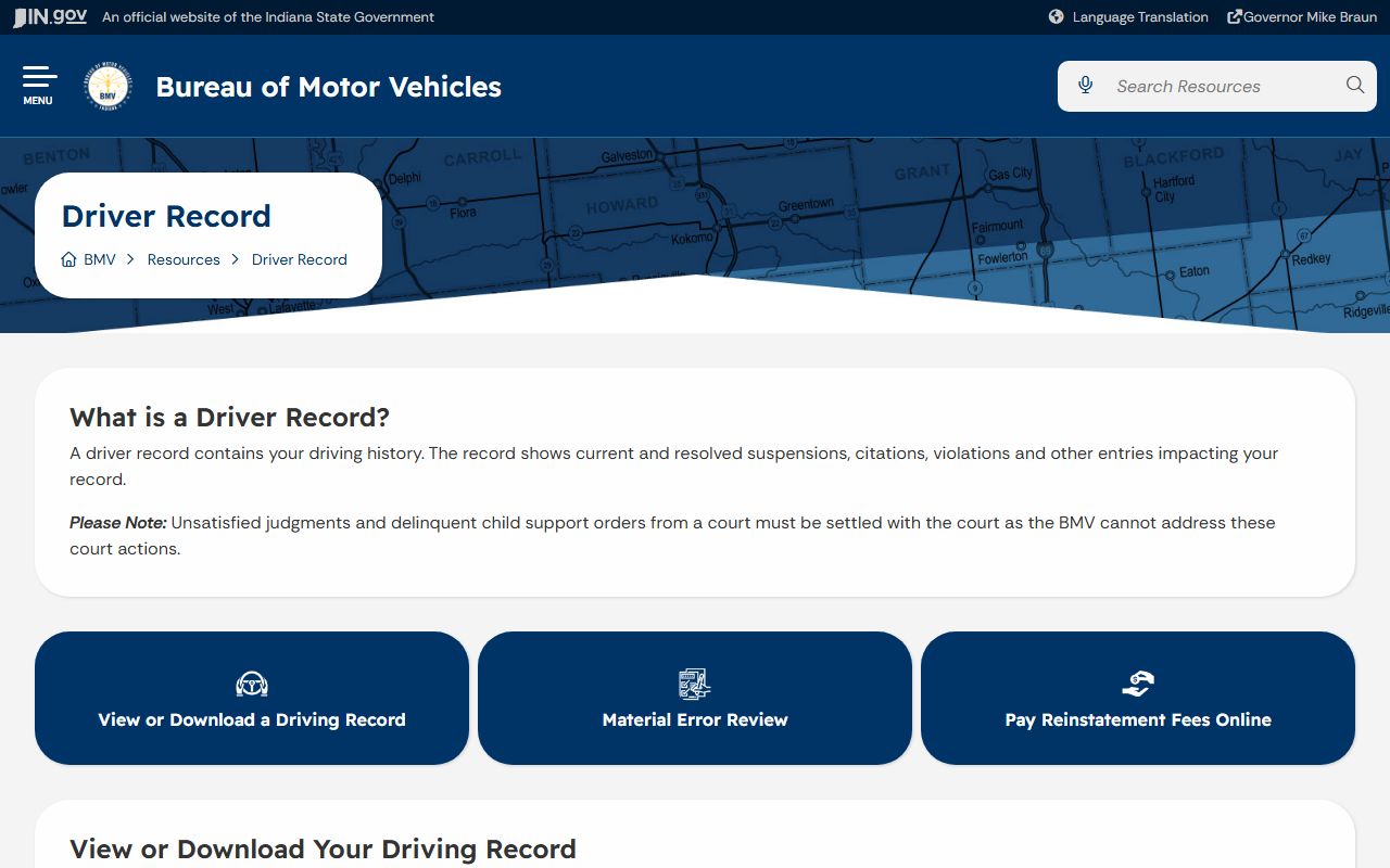 Kosciusko County traffic court records Indiana BMV driver record source