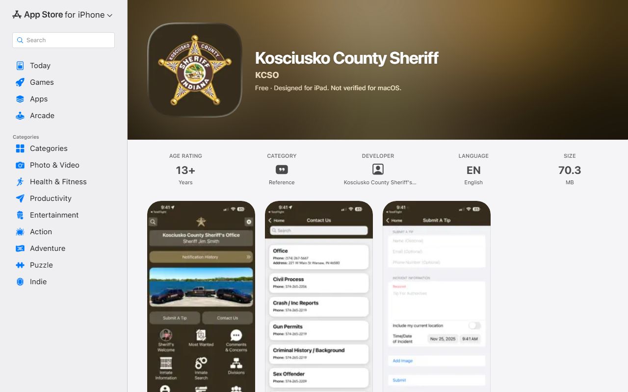Kosciusko County warrant records Sheriff iOS app