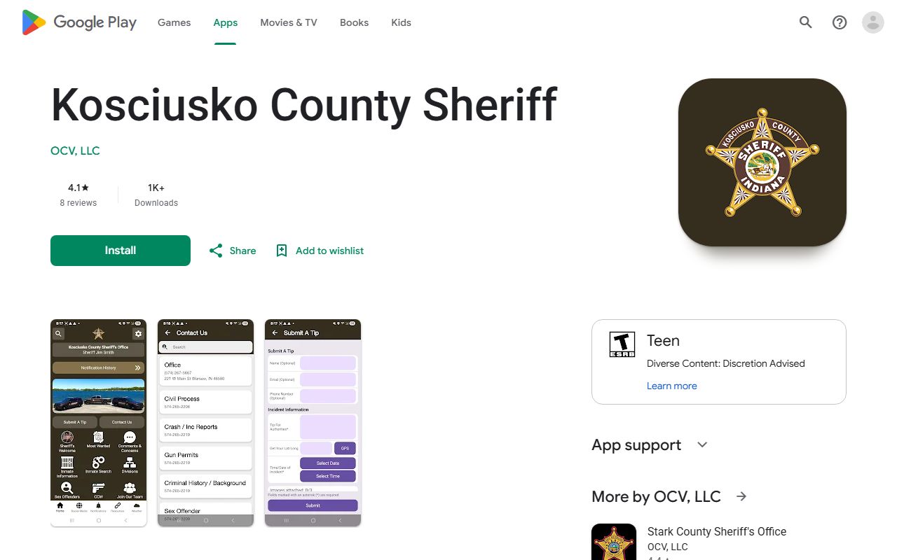 Kosciusko County warrant records Sheriff Android app